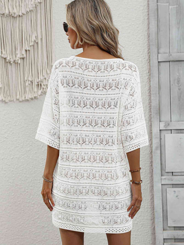 Openwork V-Neck Mini Knit Dress Bazaarbey