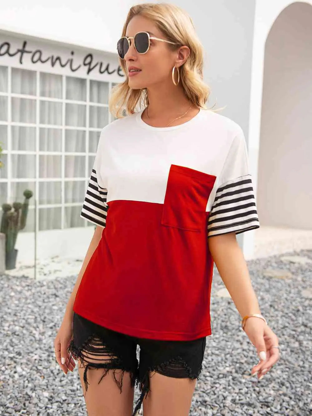 Striped  Round Neck Tee Trendsi