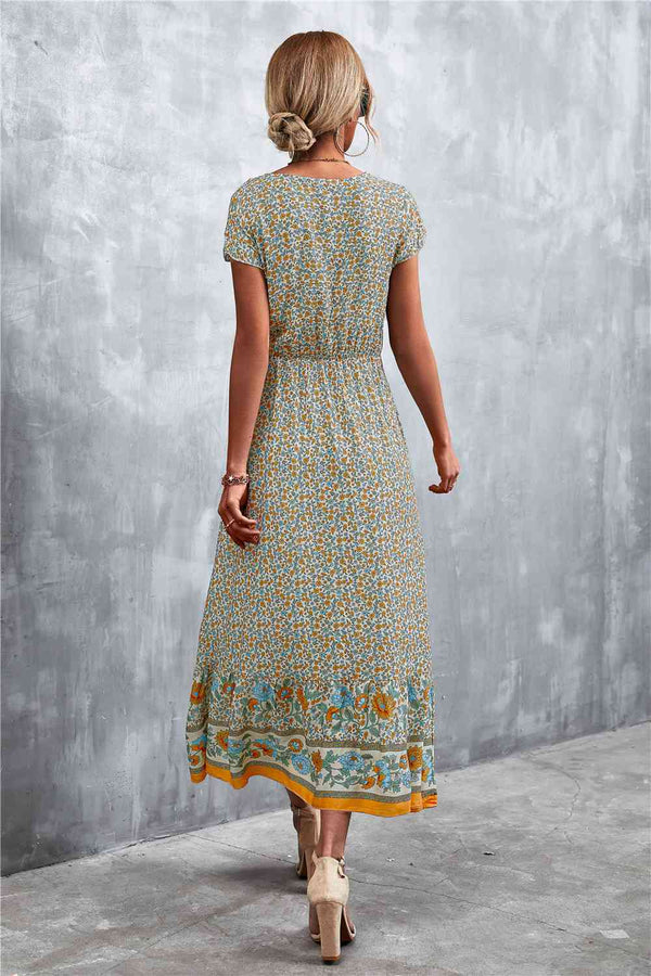 V-Neck Short Sleeve Printed Maxi Dress Bazaarbey