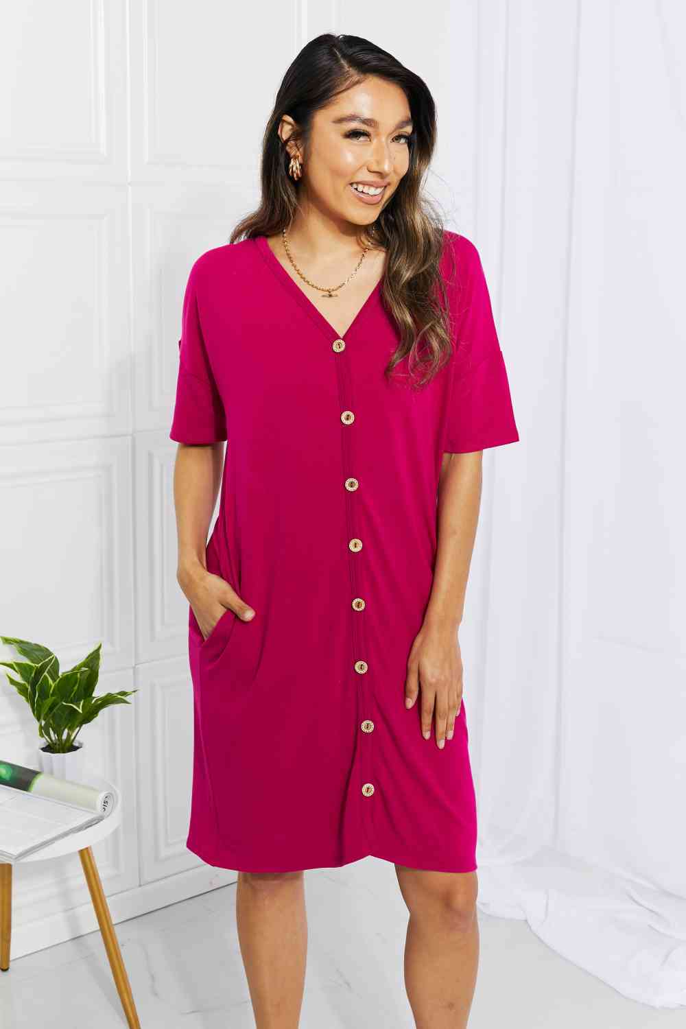  Sunday Brunch Button Down Knee-Length Dress in Magenta -BazaarBey - www.shopbazaarbey.com