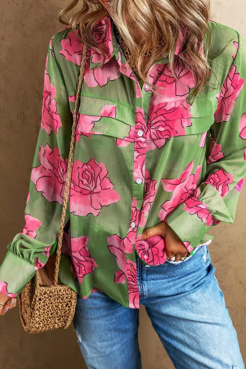 Flower Collared Neck Long Sleeve Shirt Trendsi