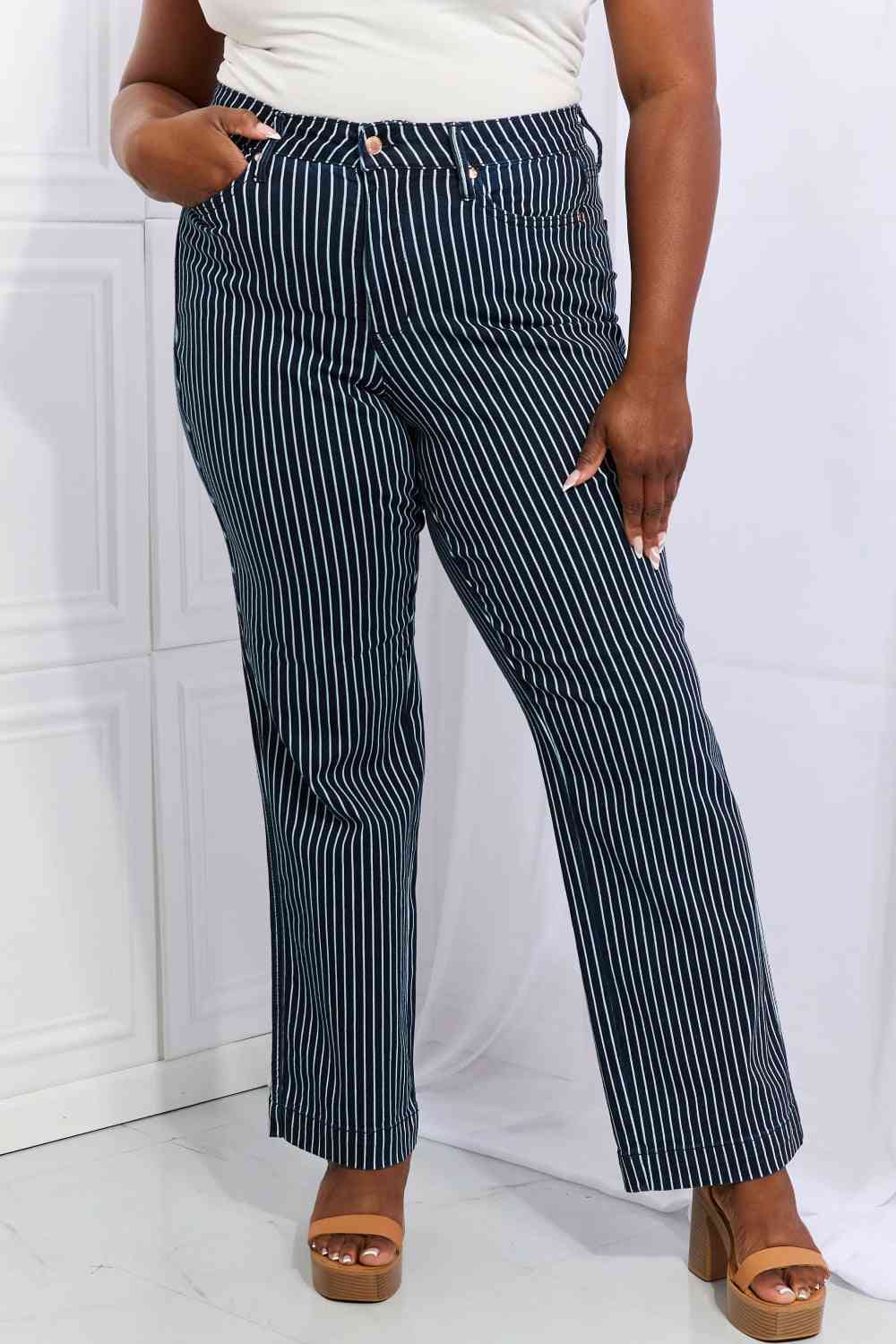    High Waisted Tummy Control Striped Straight Jeans Trendsi