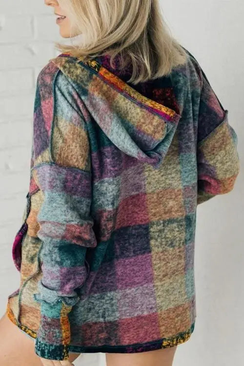 Multicolor Brushed Plaid Buttoned Pullover Oversized Hoodie Bazaarbey