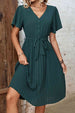 Buttoned V-Neck Flutter Sleeve Pleated Dress -BazaarBey - www.shopbazaarbey.com