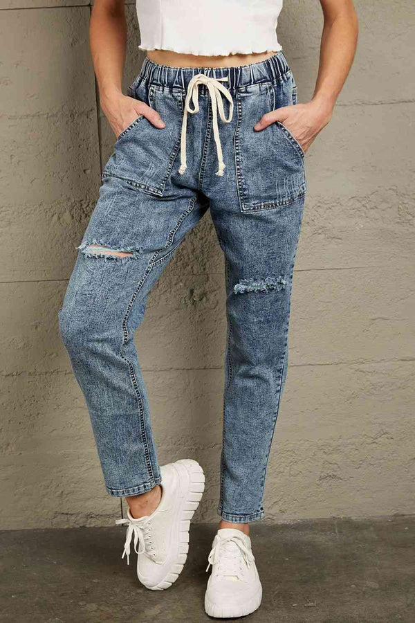  Drawstring Denim Joggers Trendsi