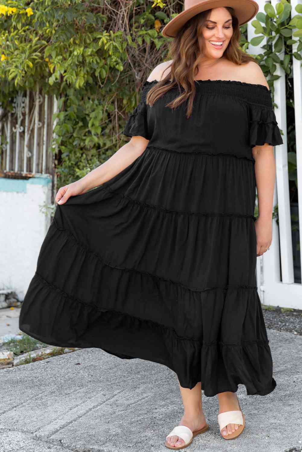 Plus Size Off-Shoulder Ruffle Trim Maxi Dress -BazaarBey - www.shopbazaarbey.com