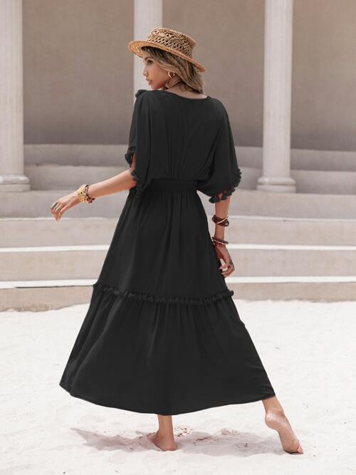 Tassel Trim Smocked V-Neck Short Sleeve Dress Bazaarbey