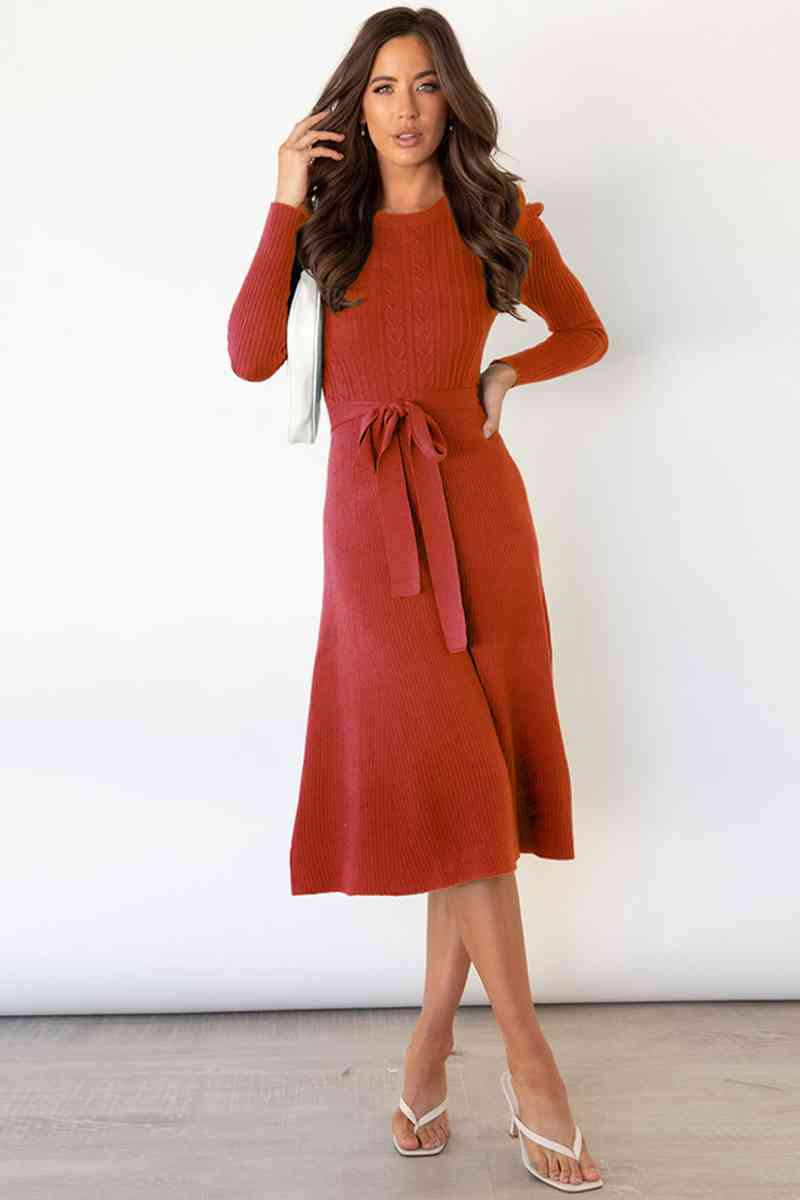 Round Neck Long Sleeve Tie Waist Sweater Dress Bazaarbey