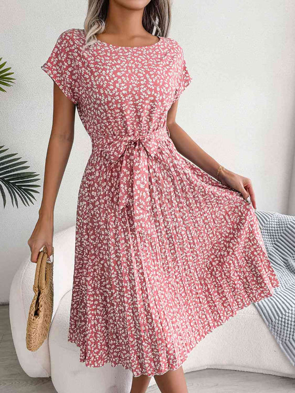  Floral Pleated Belted Dress -BazaarBey - www.shopbazaarbey.com