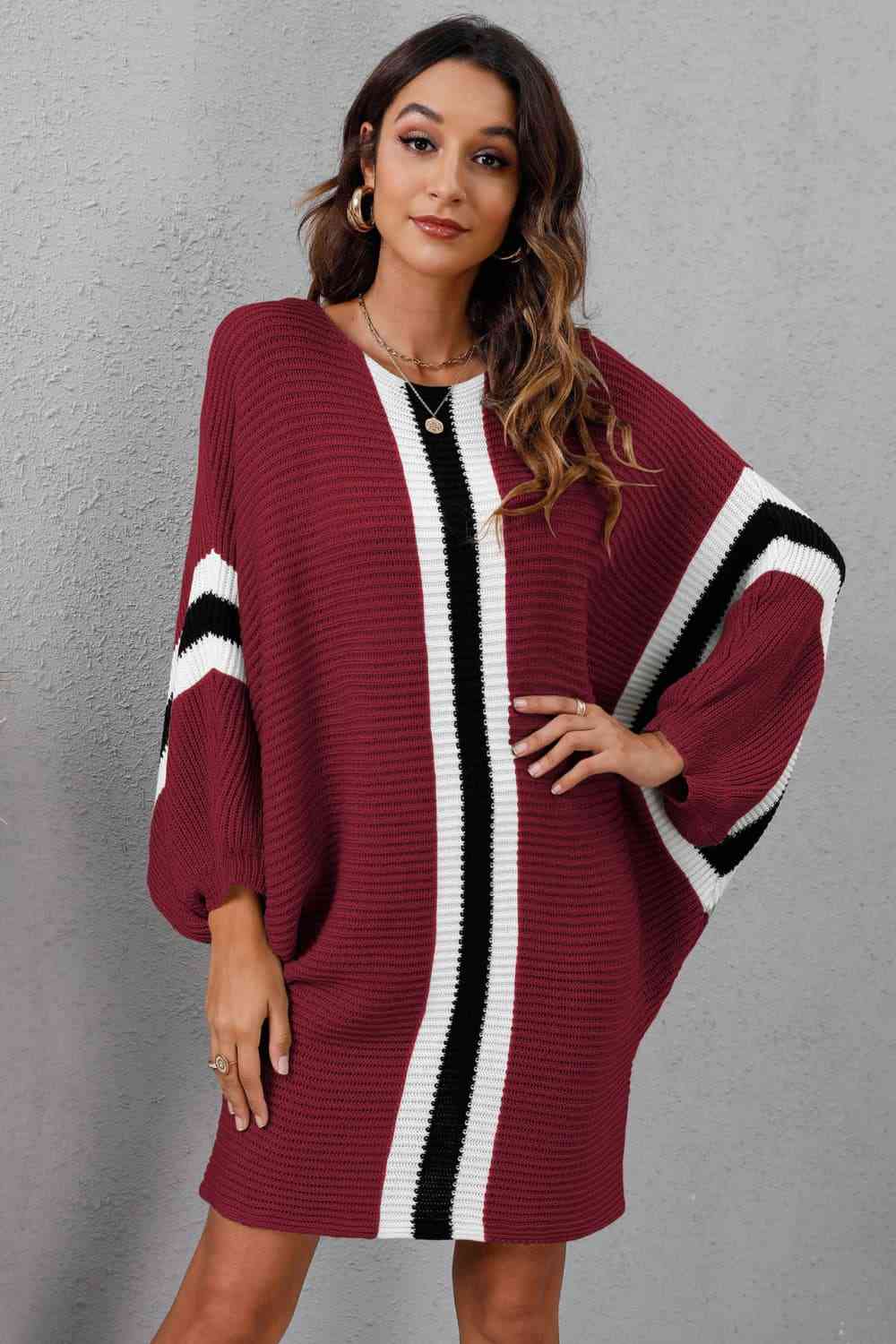 Ribbed Round Neck Long Sleeve Sweater Dress Bazaarbey