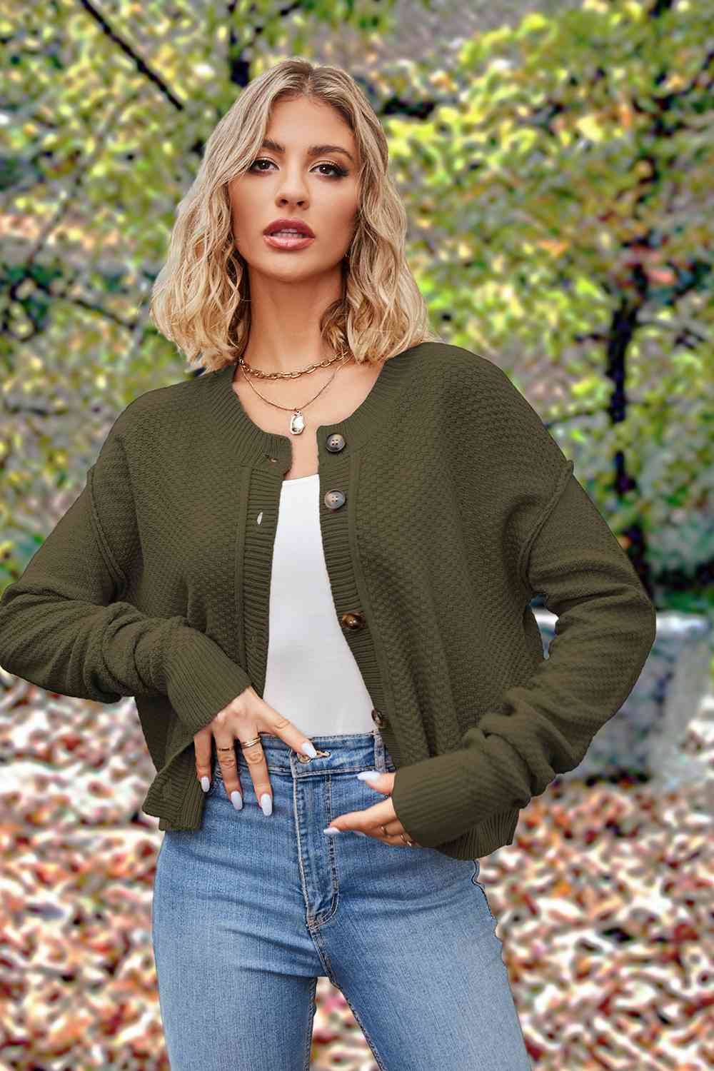 Button Up Round Neck Drop Shoulder Cardigan Trendsi