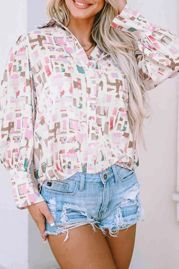 Printed Collared Neck Long Sleeve Shirt Bazaarbey