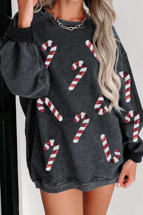  Candy Cane Round Neck Sweatshirt Bazaarbey