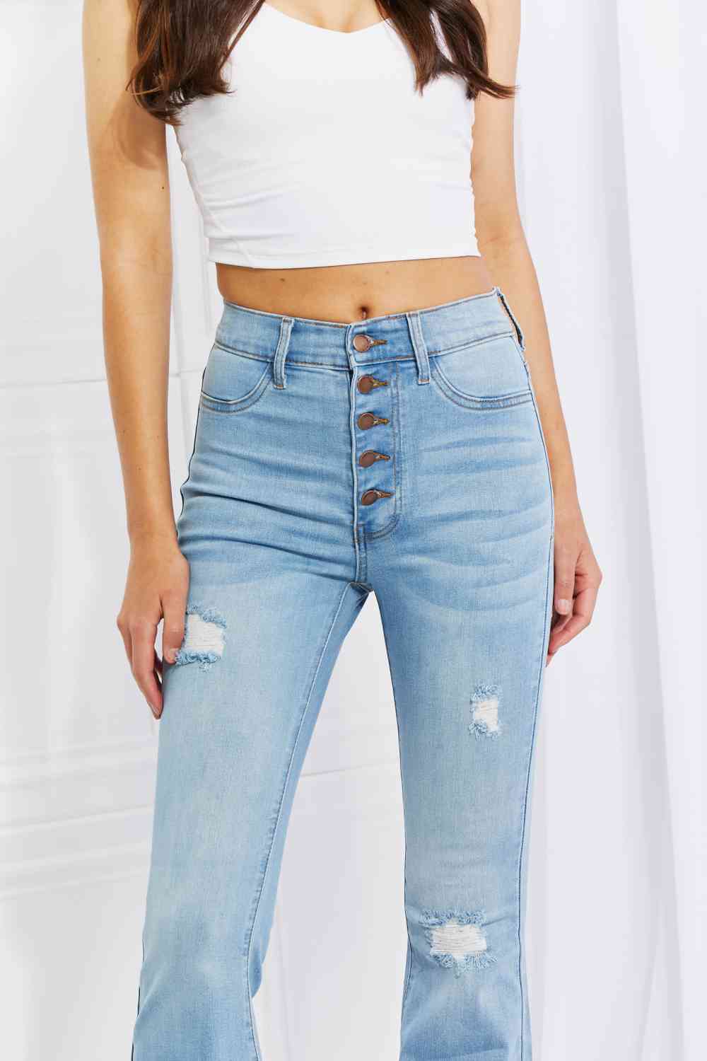 Vibrant MIU  Jess Button Flare Jeans Trendsi