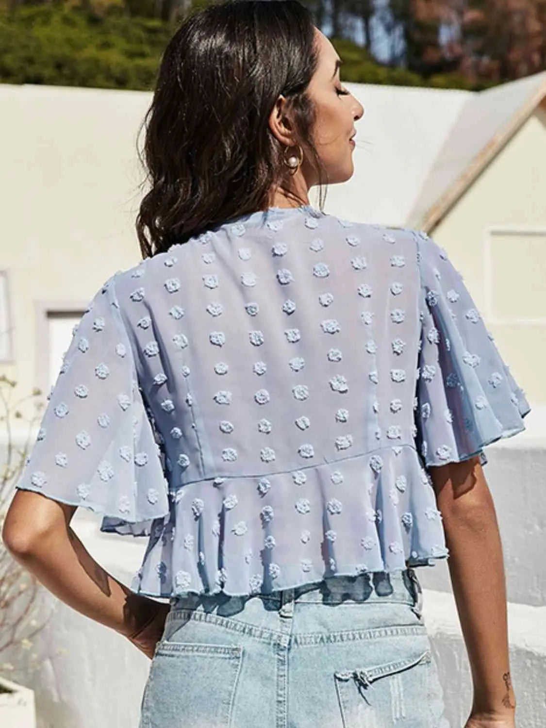  Tied Flutter Sleeve Cropped Blouse Bazaarbey