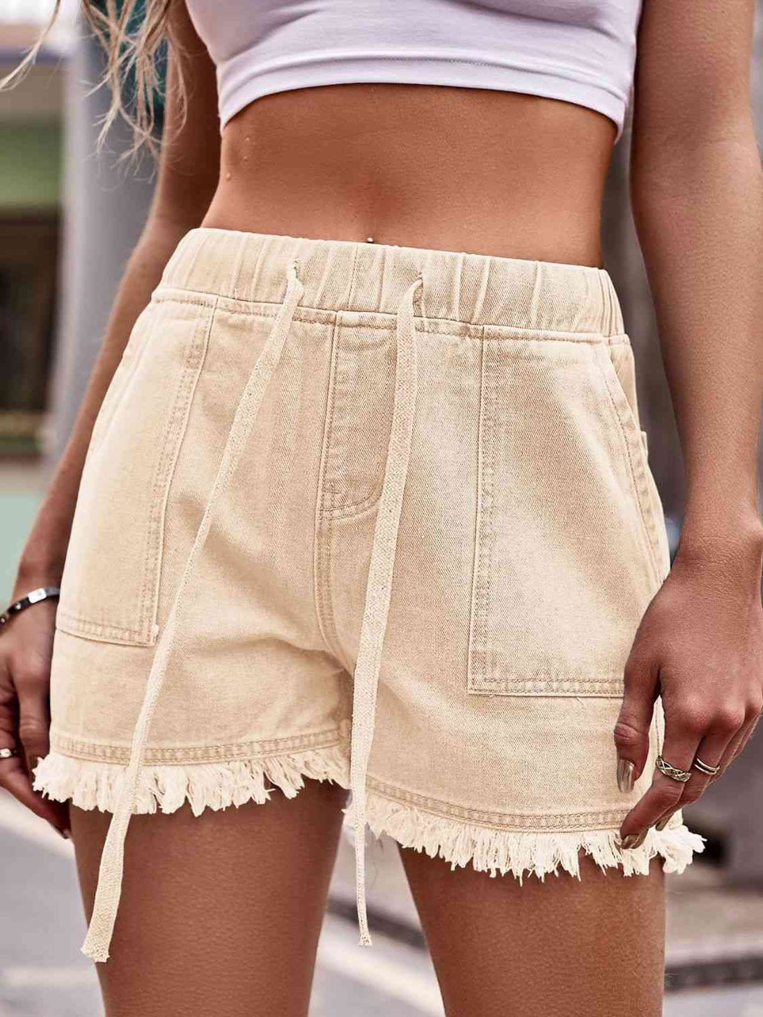 Drawstring Raw Hem Denim Shorts Bazaarbey