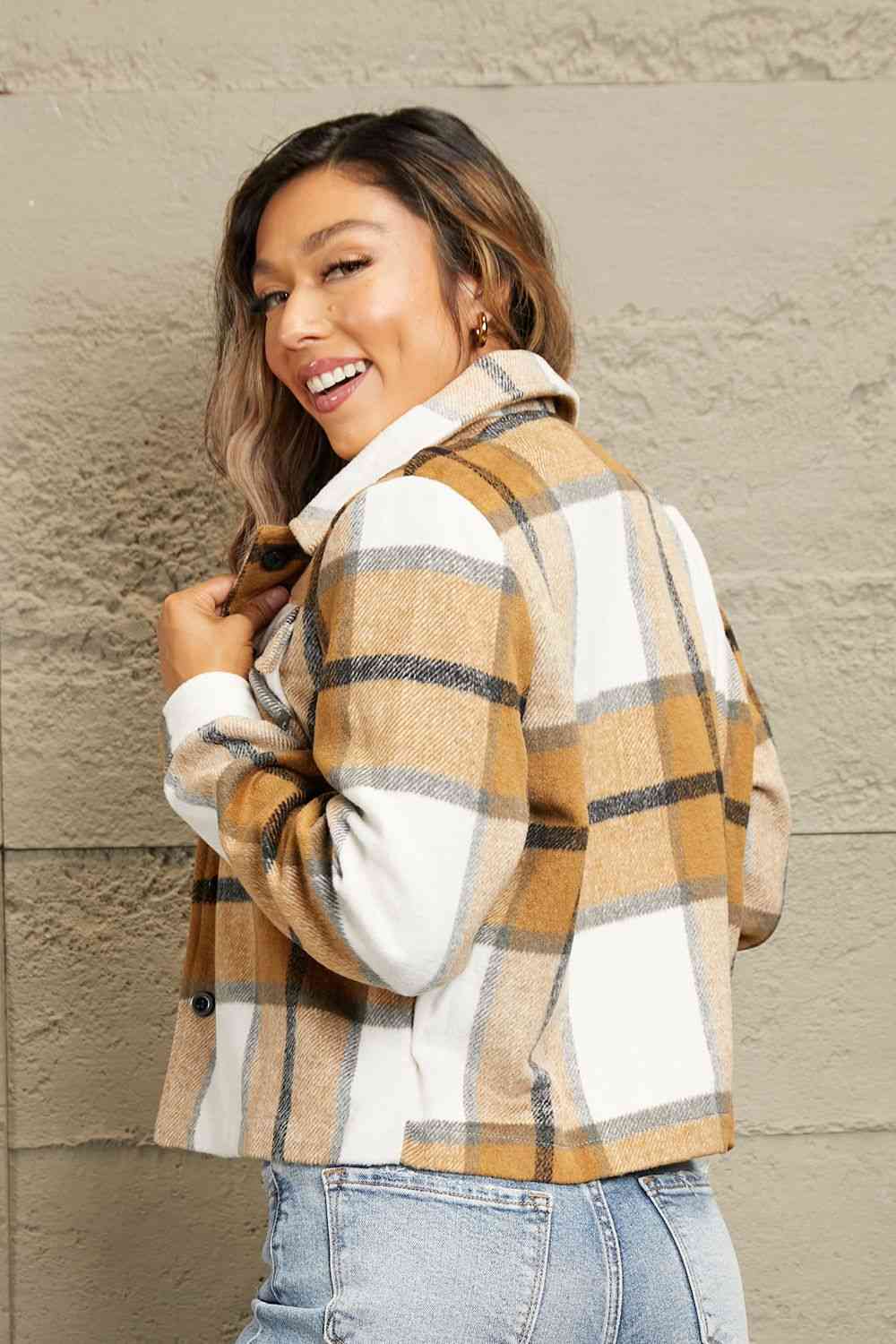  Plaid Collared Neck Jacket with Breast Pockets Trendsi