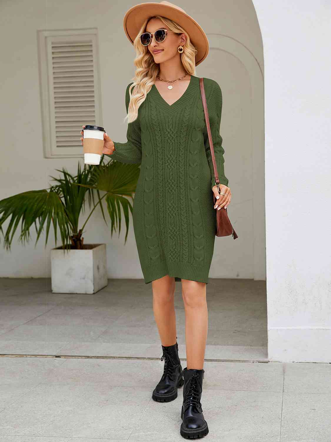 Cable-Knit V-Neck Mini Sweater Dress Bazaarbey