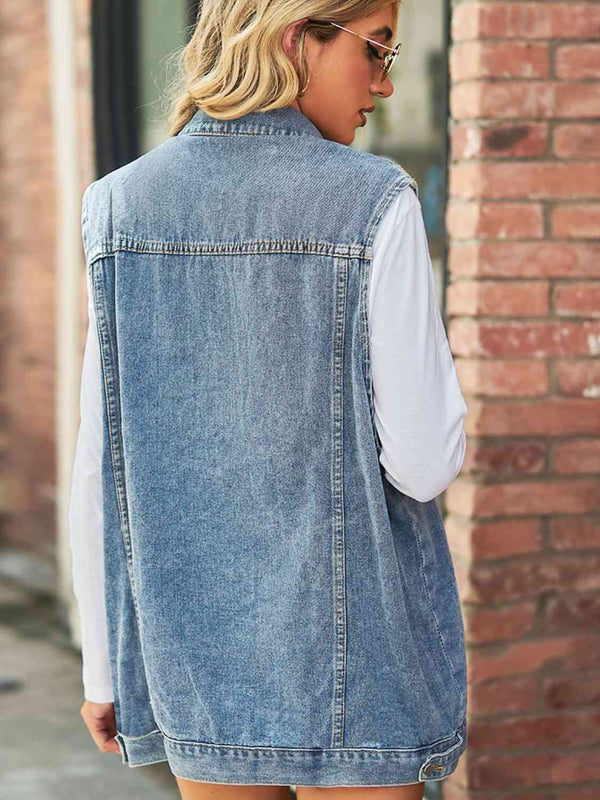 Collared Neck Sleeveless Denim Top with Pockets Bazaarbey