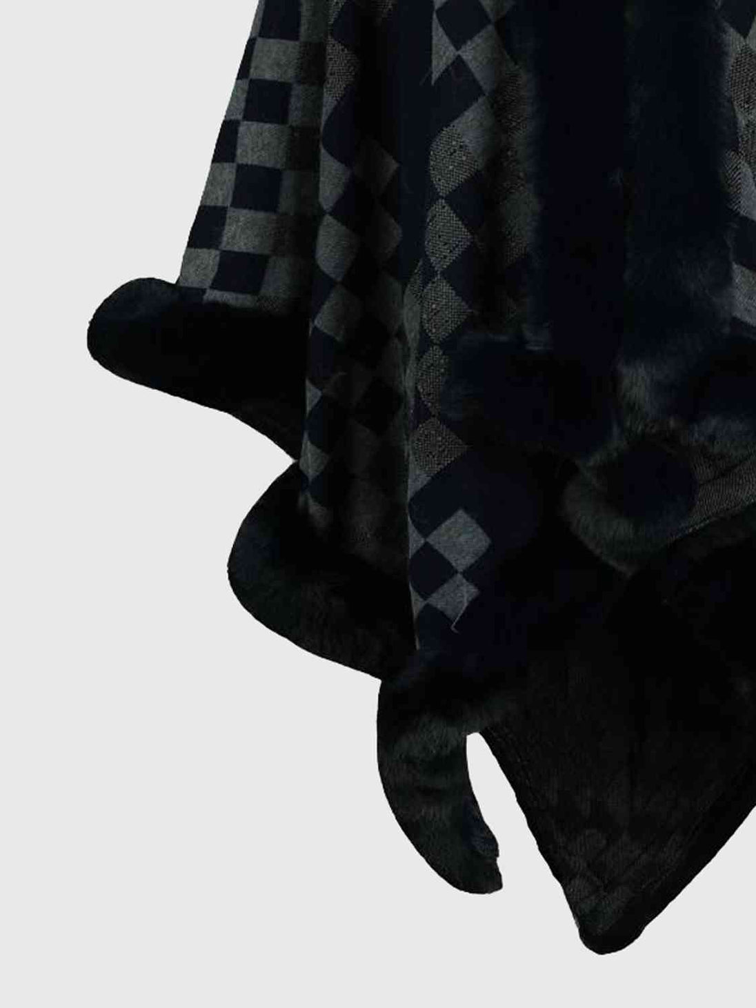 Checkered Faux Fur Trim Poncho Bazaarbey