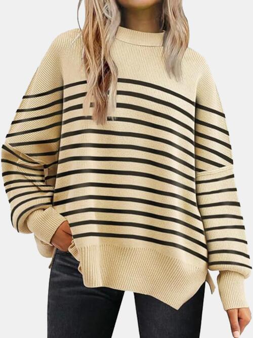 Round Neck Drop Shoulder Slit Sweater Bazaarbey