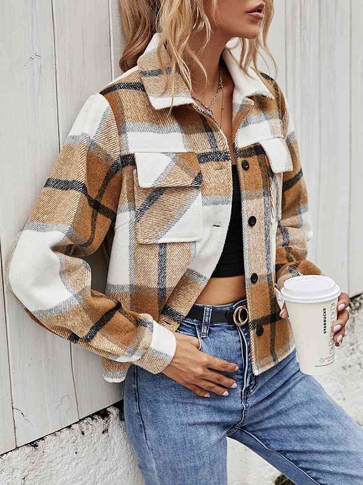  Plaid Collared Neck Jacket with Breast Pockets Trendsi