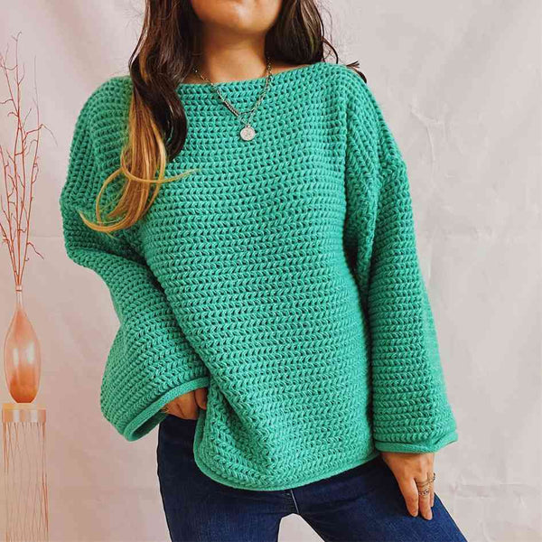 Openwork Boat Neck Long Sleeve Sweater Bazaarbey