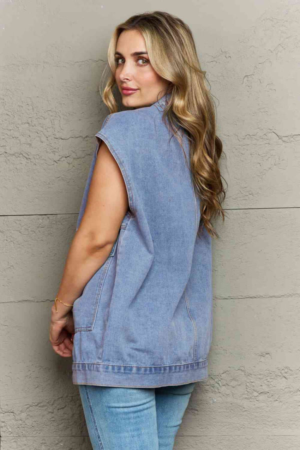 Collared Neck Sleeveless Denim Top with Pockets Bazaarbey