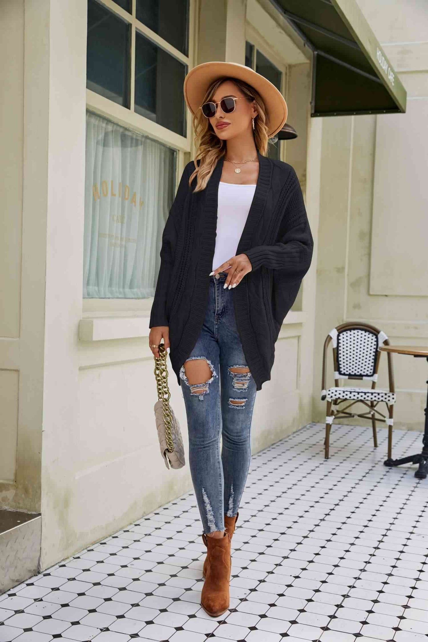 Mixed Knit  Dolman Sleeve Cardigan Trendsi