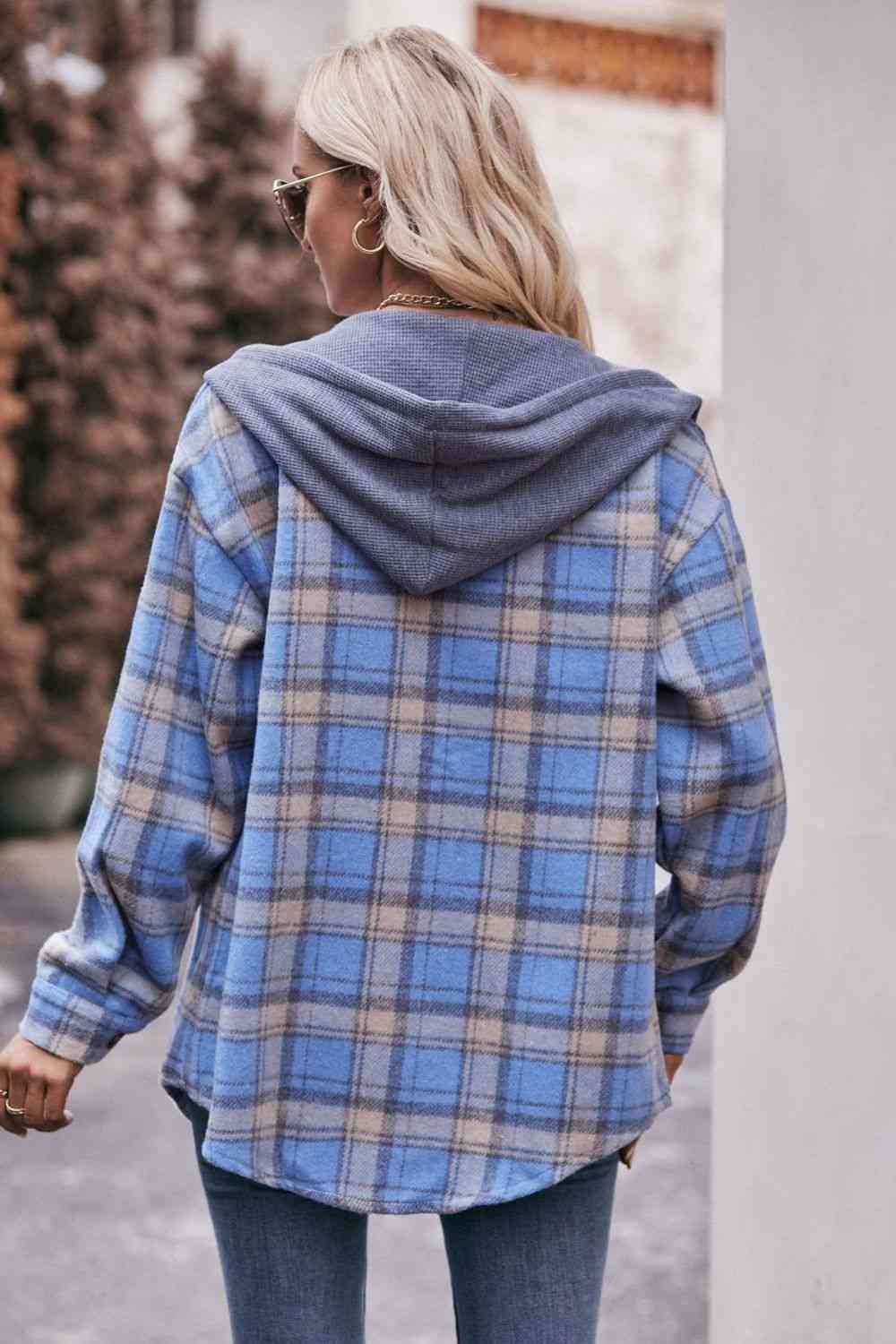 Plaid Dropped Shoulder Hooded  Jacket Trendsi