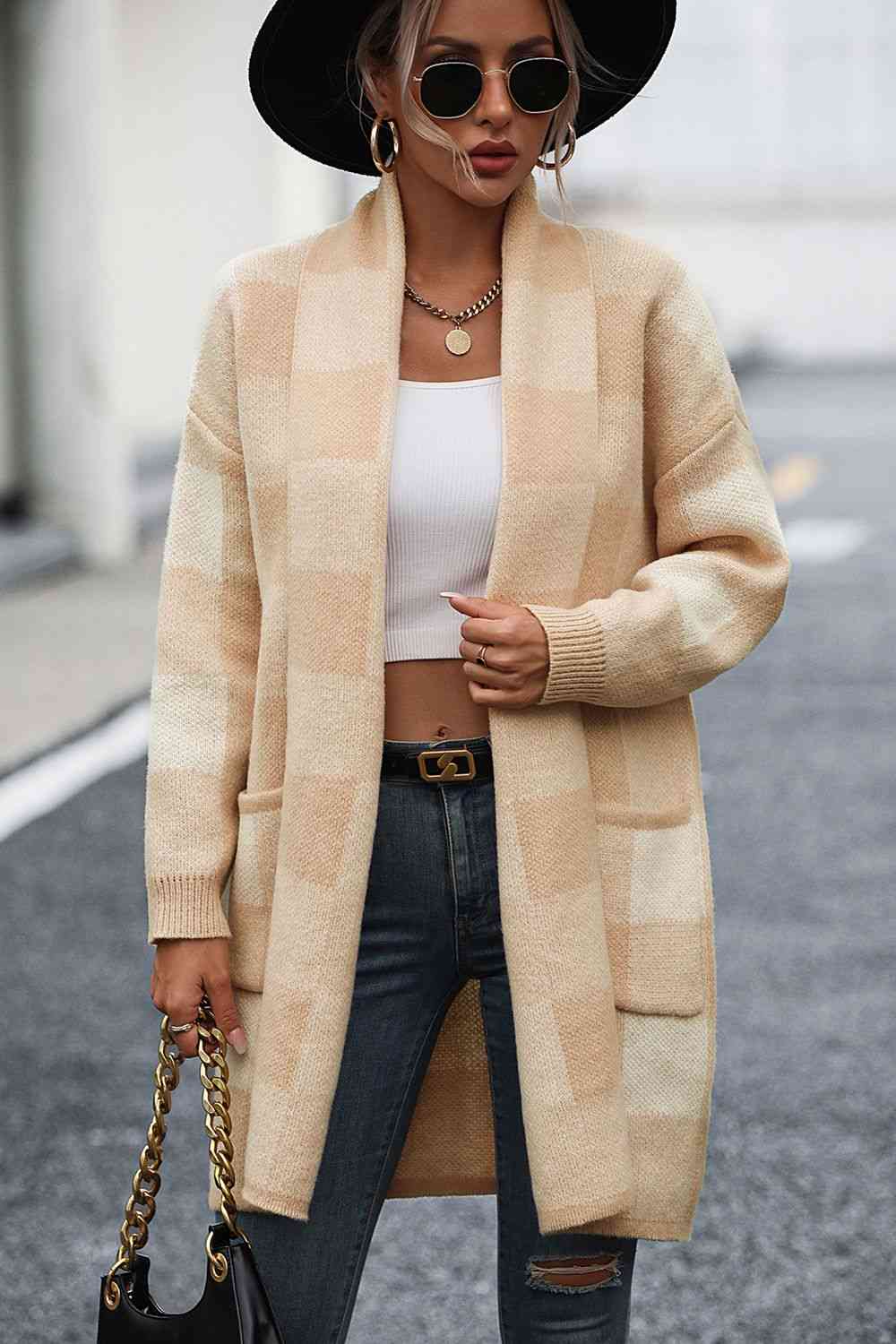 Plaid Dropped Shoulder Cardigan with Pocket Bazaarbey