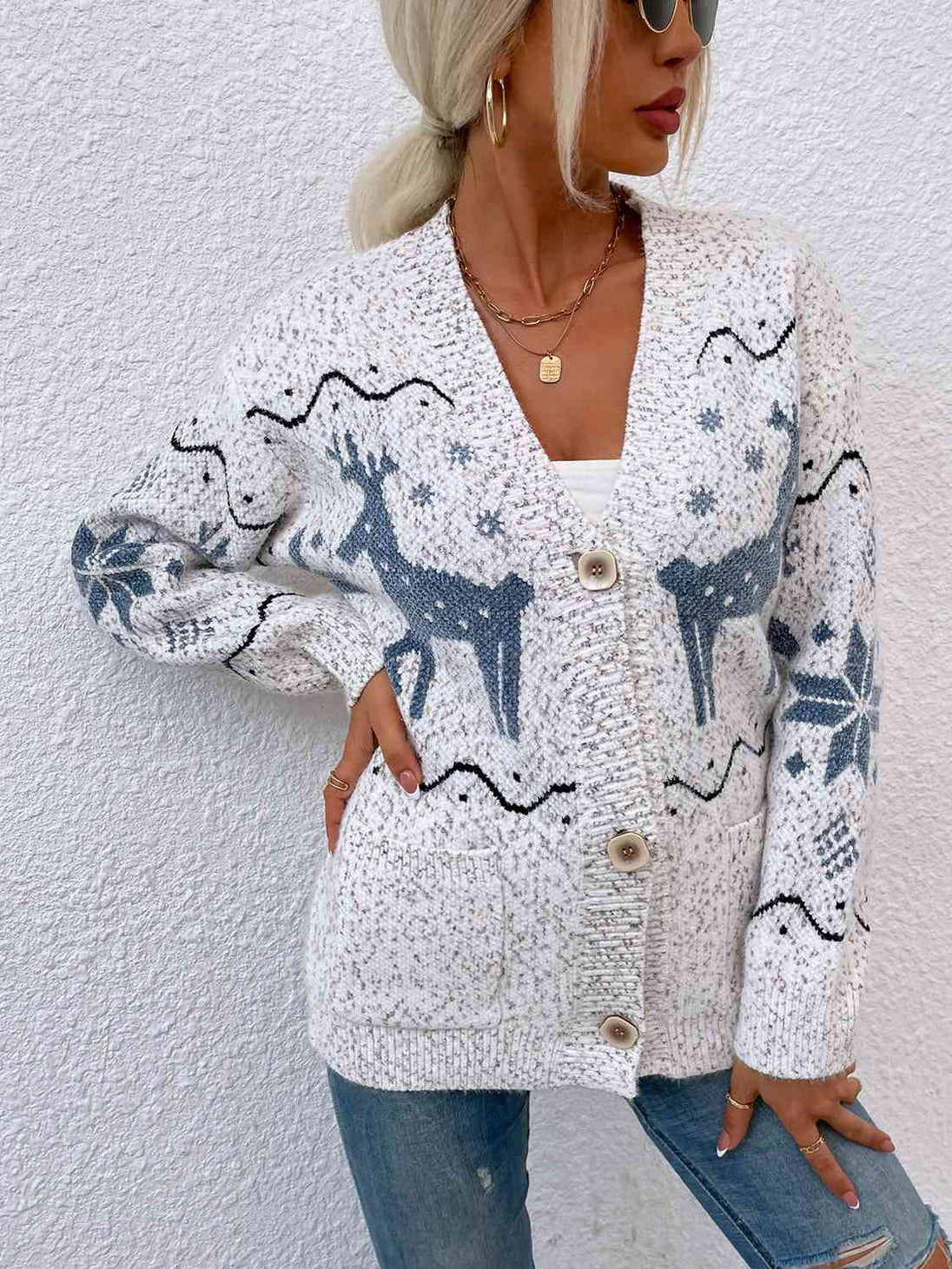 Reindeer Button Down Cardigan with Pockets Bazaarbey