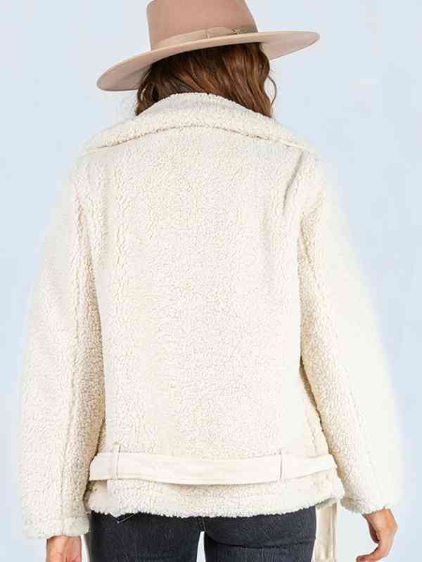 Zip-Up Belted Sherpa Jacket Trendsi