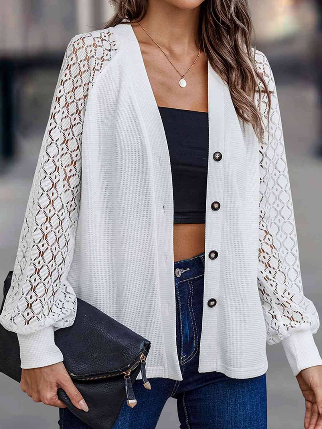 Lantern Sleeve V-Neck Button-Down Cardigan Trendsi