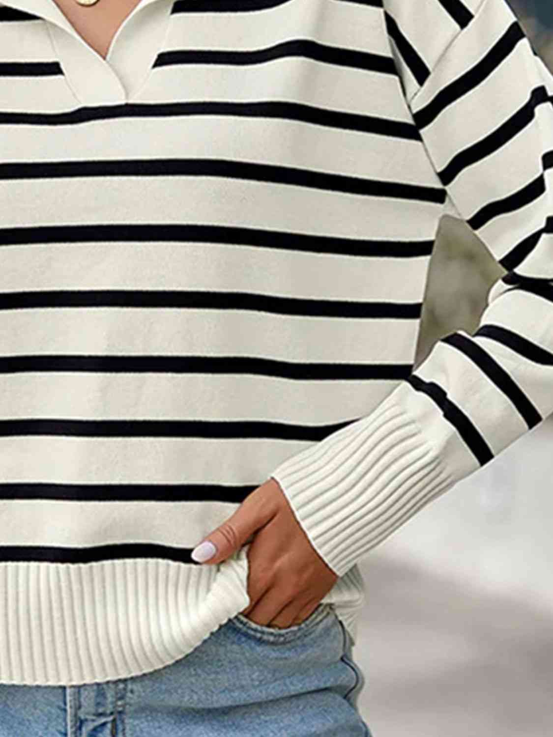 Striped Collared Neck Knit Top Bazaarbey