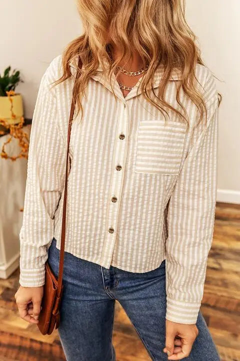 Striped Button-Up Shirt with Breast Pocket Bazaarbey