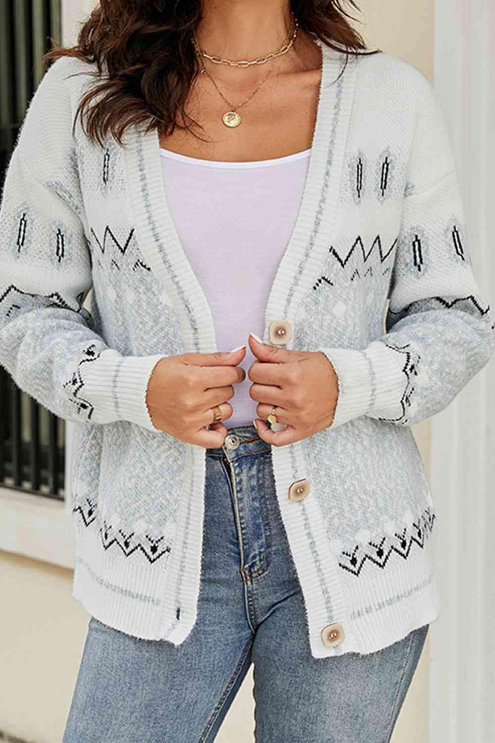 Printed V-Neck Buttoned Cardigan Trendsi