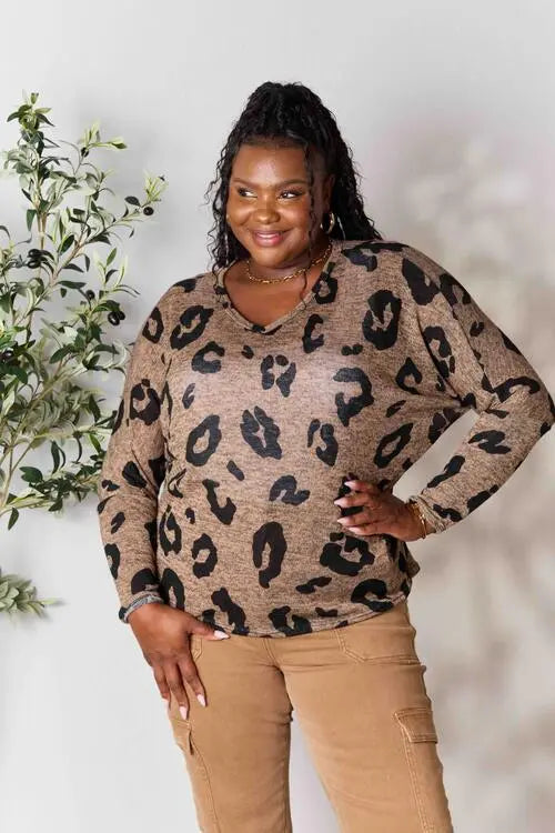 Hopely Full Size Leopard V-Neck Long Sleeve T-Shirt Trendsi