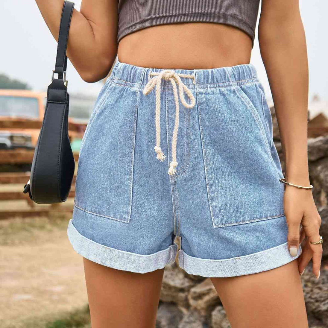 Drawstring High Waist Denim Shorts with Pockets Bazaarbey