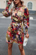 Printed Tie Waist Mock Neck Lantern Sleeve Dress -BazaarBey - www.shopbazaarbey.com