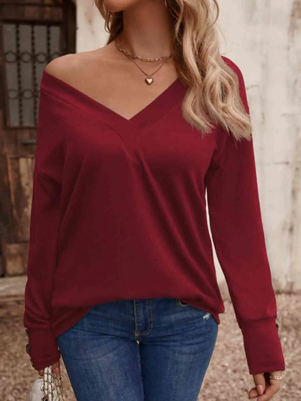 V-Neck Long Sleeve Top Trendsi