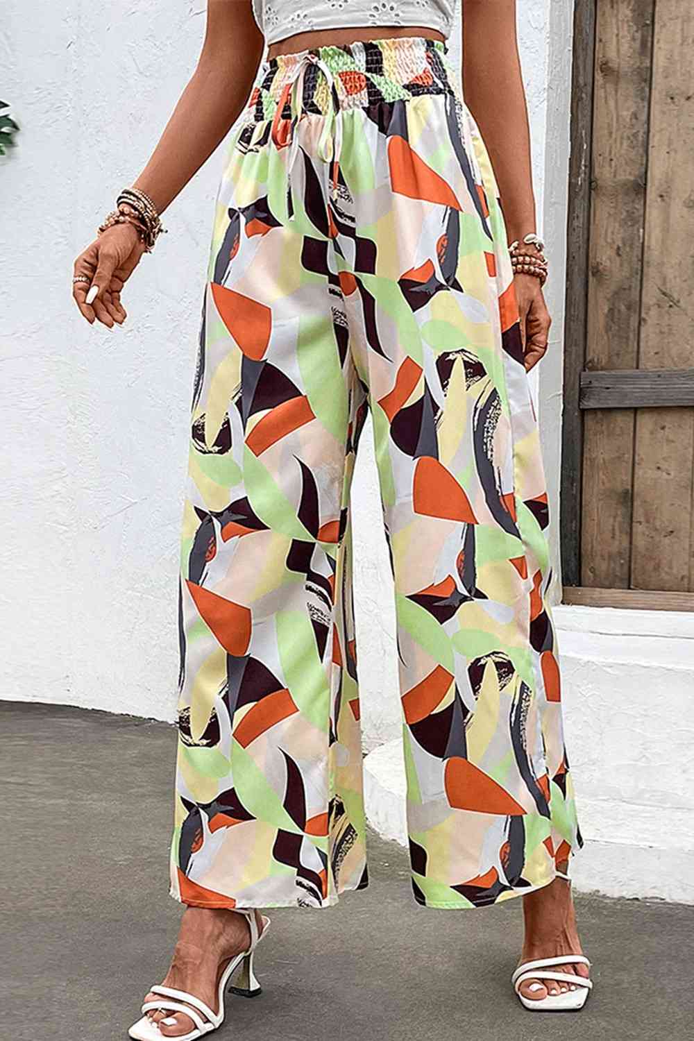 Printed Smocked Waist Wide Leg Pants Bazaarbey