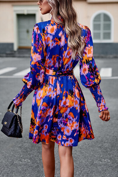 Printed Tie Waist Mock Neck Lantern Sleeve Dress -BazaarBey - www.shopbazaarbey.com