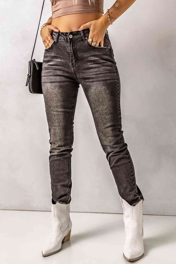 High Waist Raw Hem Skinny Jeans Trendsi