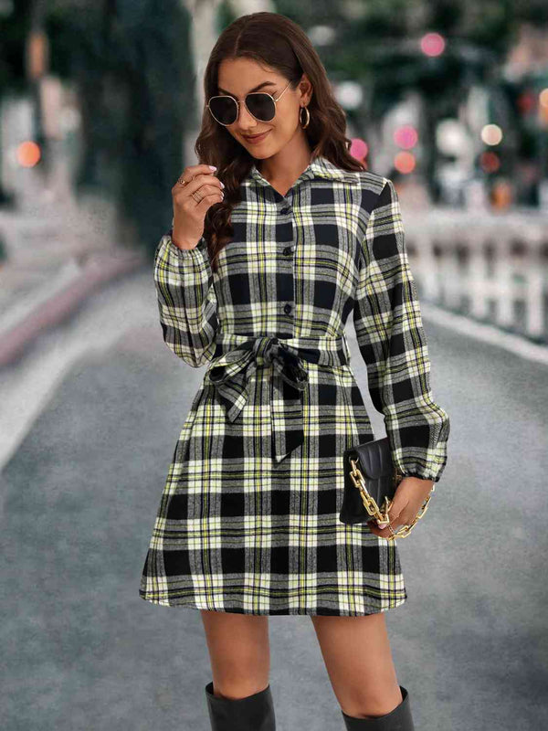 Plaid Tie Front Collared Neck Long Sleeve Dress Bazaarbey