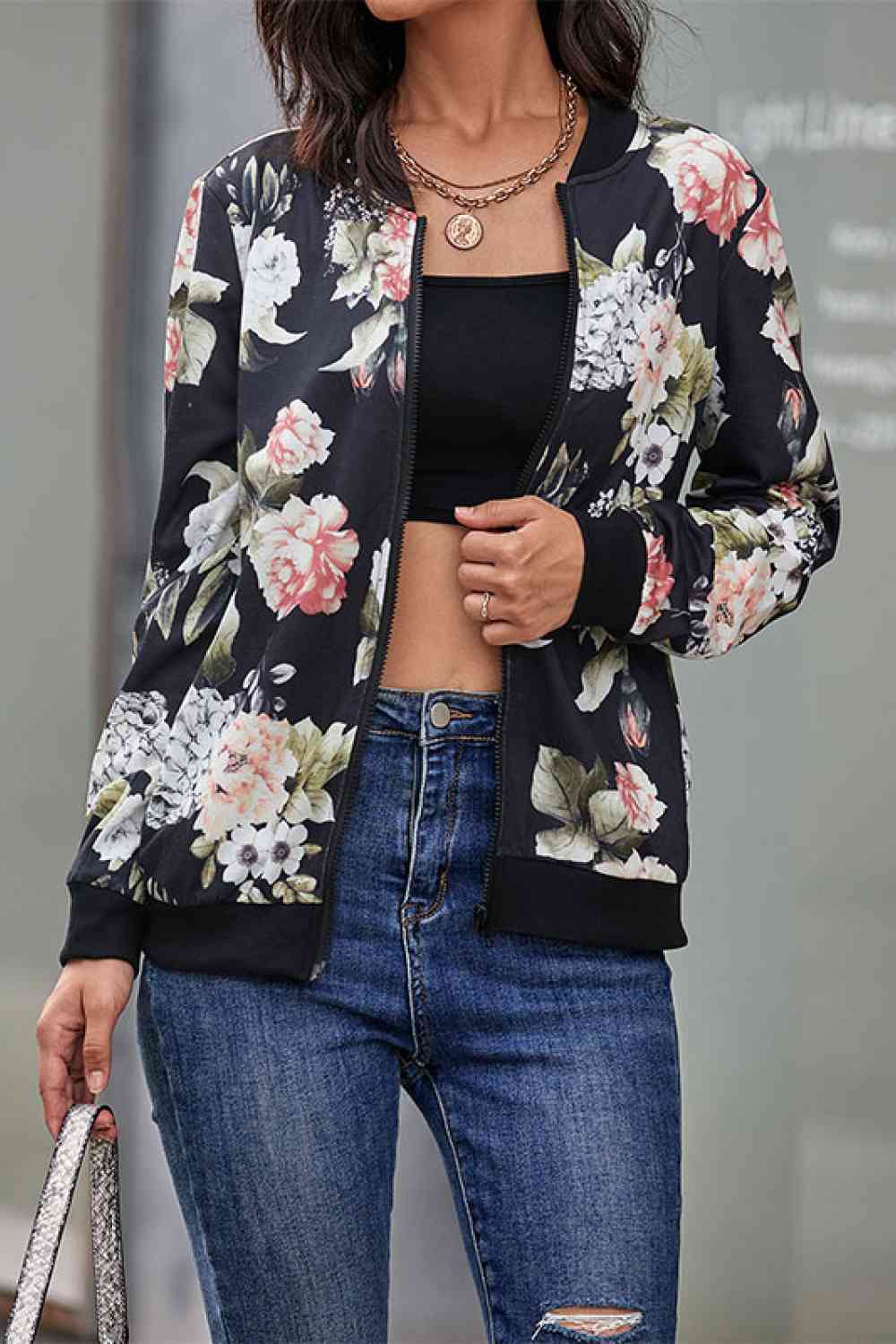 Floral Print Zip Up Bomber Jacket Trendsi