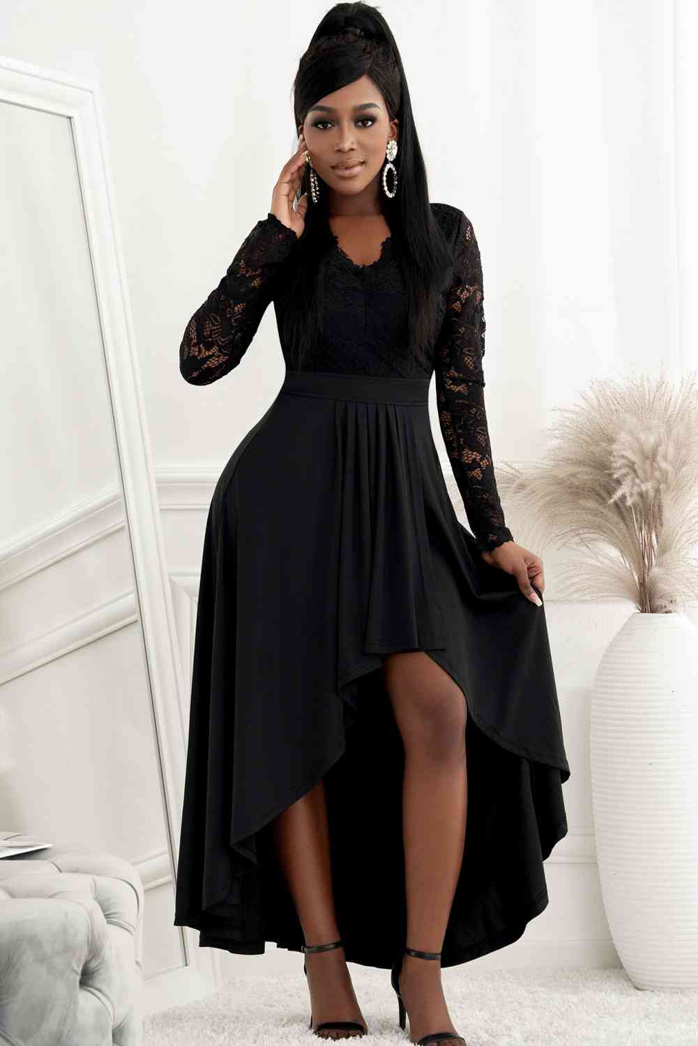 Lace High-Low V-Neck Dress Bazaarbey