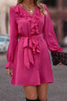 Ruffled Flounce Sleeve V-Neck Belted Dress -BazaarBey - www.shopbazaarbey.com