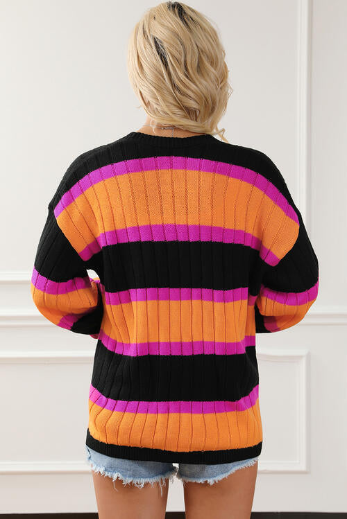 Ribbed Striped Open Front Long Sleeve Cardigan Trendsi