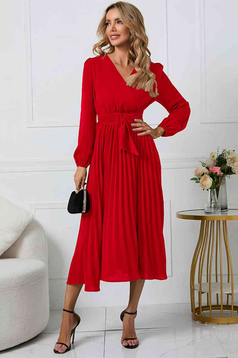 V-Neck Long Sleeve Tie Waist Midi Dress Bazaarbey